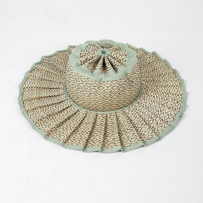 Handmade Foldable Straw Sun Hat for Women – UPF 50+ Wide Brim Pleated Beach Hat with Ponytail Opening & Packable Roll-Up Design
