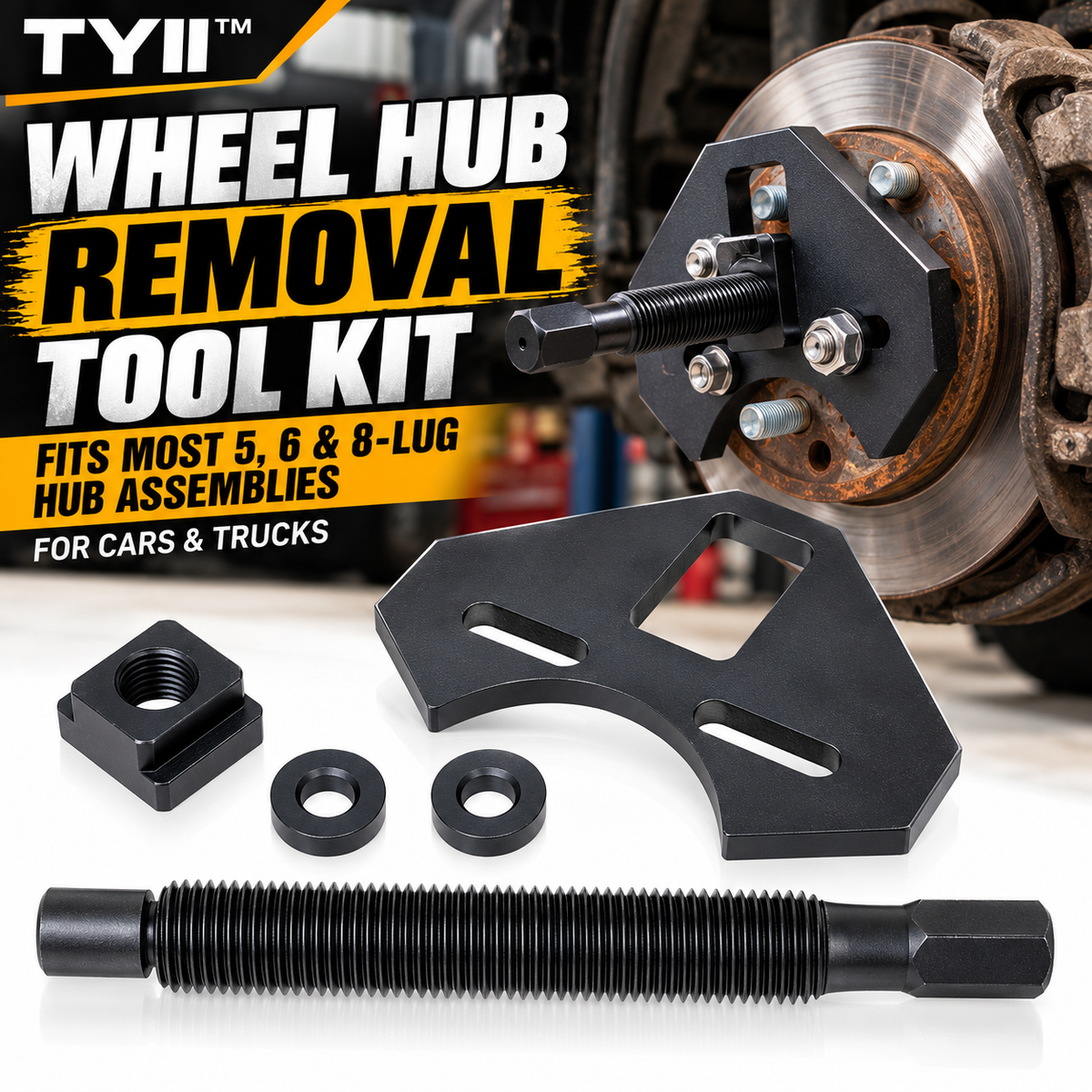 TYII™ Heavy-Duty Wheel Hub Removal Tool Kit – 5, 6 & 8 Lug Hub Puller for Cars & Trucks