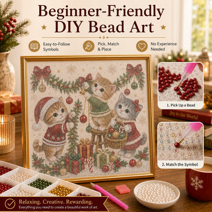 🎄🐾Premium 3D Pearl Christmas Kitty Art Kit | Luxury Flocked Canvas with Scratch-Resistant Non-Fading Pearl Beads DIY Holiday Decor 🎅🐱❄️