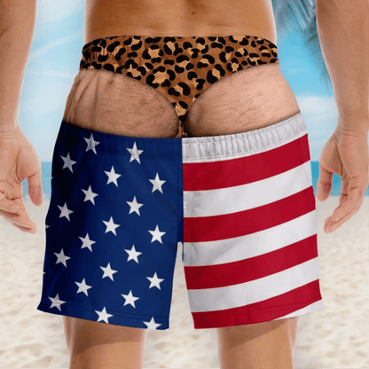 Funny Patriotic Men's Swim Trunks - "Warning Wide Load" Funny Design, Great Gift for Men