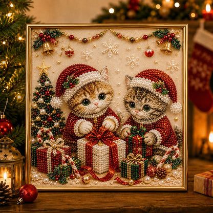 🎄🐾Premium 3D Pearl Christmas Kitty Art Kit | Luxury Flocked Canvas with Scratch-Resistant Non-Fading Pearl Beads DIY Holiday Decor 🎅🐱❄️