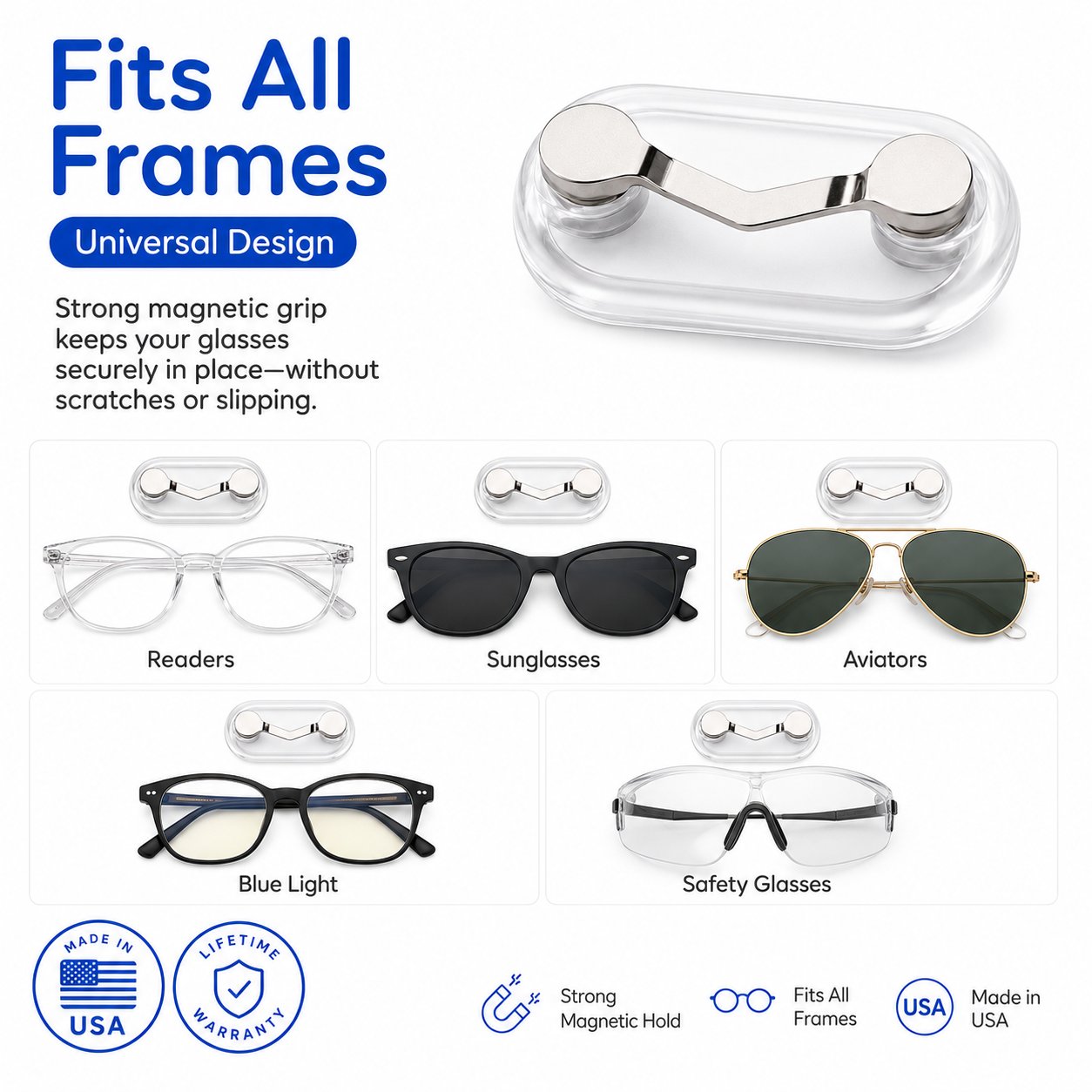 🧲 Magnetic Eyeglass Holder Clip, Universal Glasses Hanger for Readers, Blue Light Glasses & Sunglasses, No More Lost Eyewear