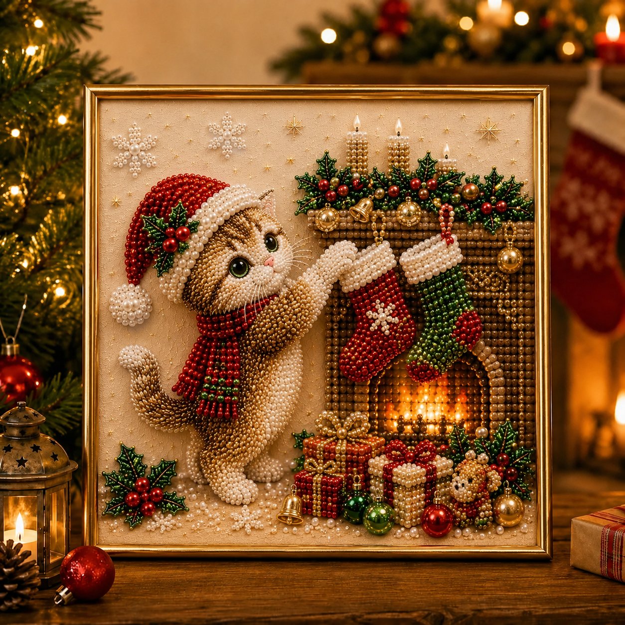 🎄🐾Premium 3D Pearl Christmas Kitty Art Kit | Luxury Flocked Canvas with Scratch-Resistant Non-Fading Pearl Beads DIY Holiday Decor 🎅🐱❄️