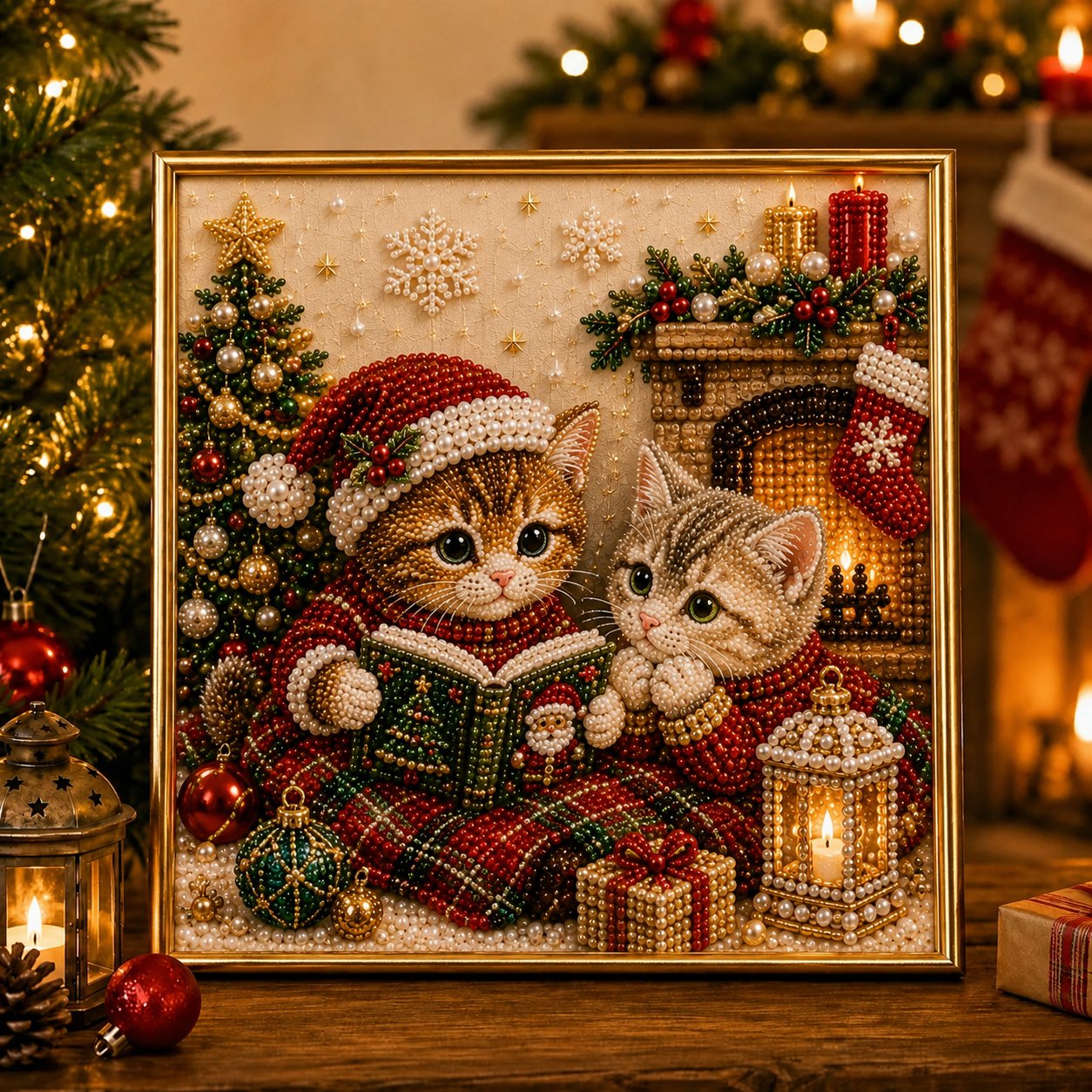 🎄🐾Premium 3D Pearl Christmas Kitty Art Kit | Luxury Flocked Canvas with Scratch-Resistant Non-Fading Pearl Beads DIY Holiday Decor 🎅🐱❄️