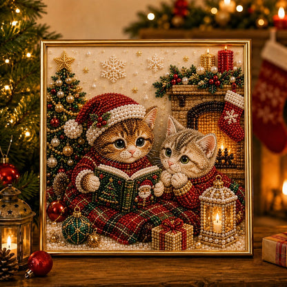🎄🐾Premium 3D Pearl Christmas Kitty Art Kit | Luxury Flocked Canvas with Scratch-Resistant Non-Fading Pearl Beads DIY Holiday Decor 🎅🐱❄️