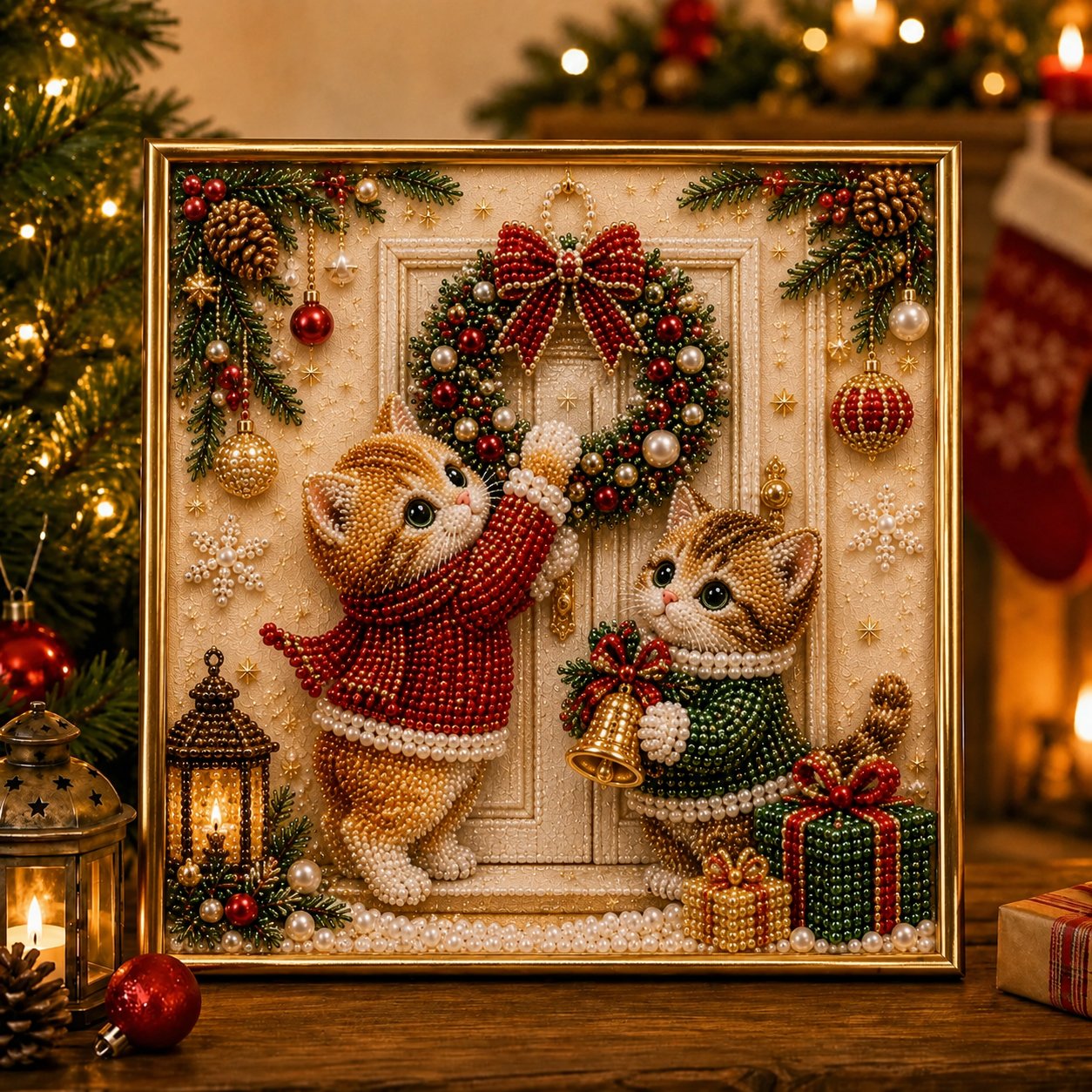 🎄🐾Premium 3D Pearl Christmas Kitty Art Kit | Luxury Flocked Canvas with Scratch-Resistant Non-Fading Pearl Beads DIY Holiday Decor 🎅🐱❄️