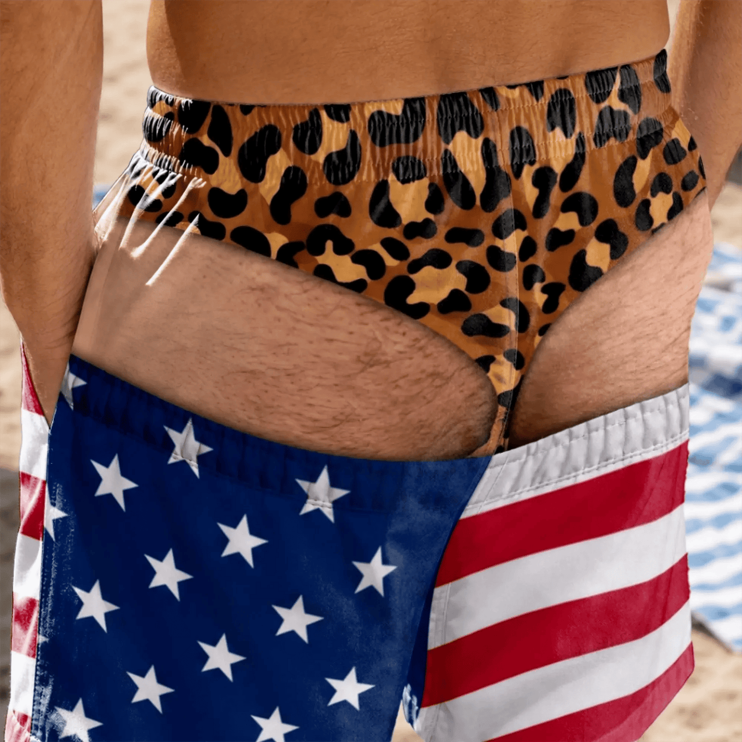 Funny Patriotic Men's Swim Trunks - "Warning Wide Load" Funny Design, Great Gift for Men
