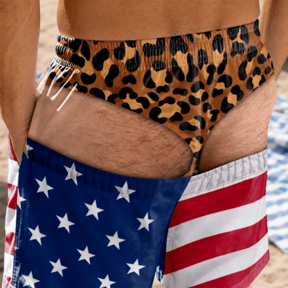 Funny Patriotic Men's Swim Trunks - "Warning Wide Load" Funny Design, Great Gift for Men