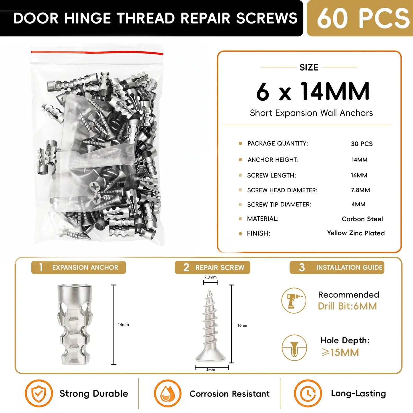 🔩 6×14mm Door Hinge Thread Repair Screws