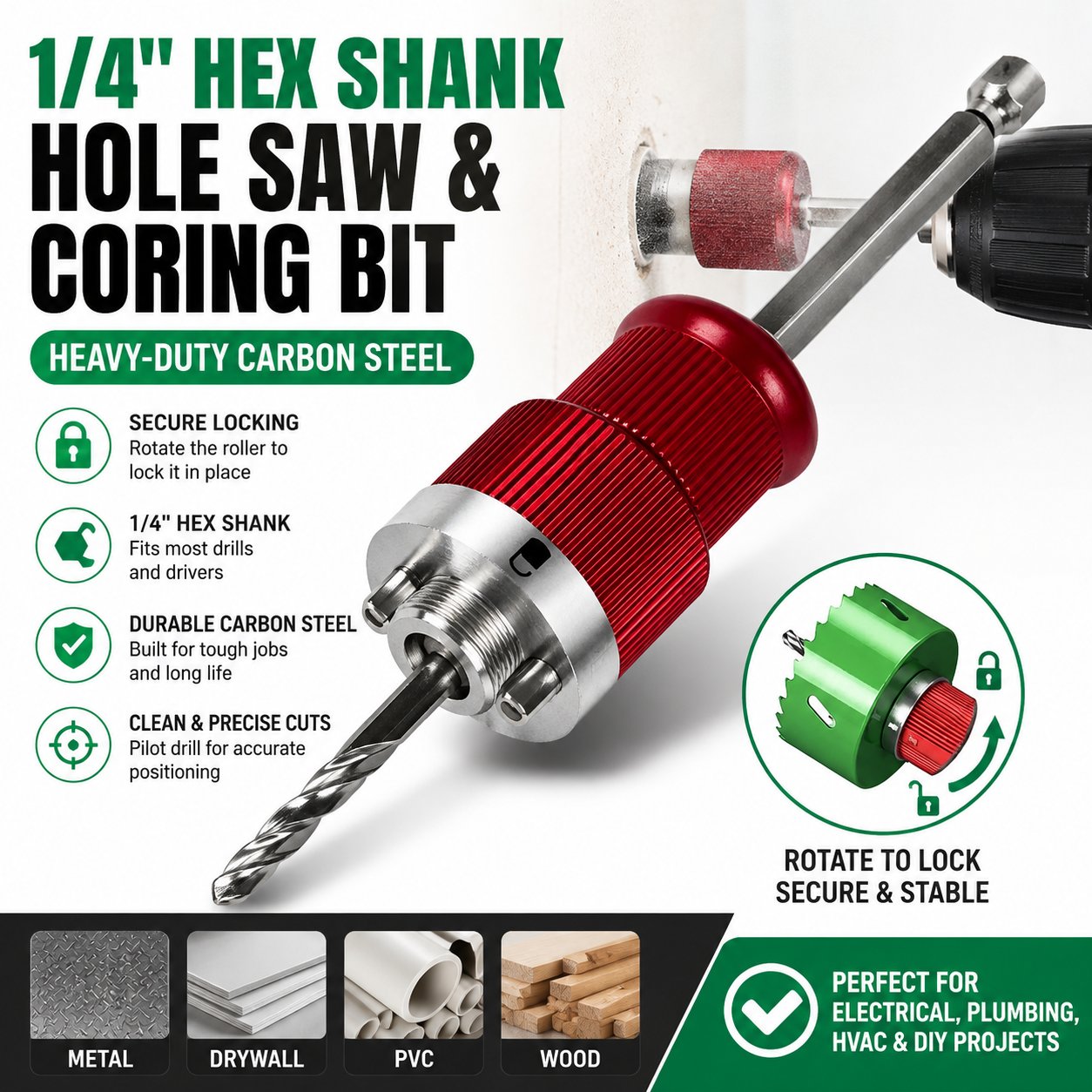Heavy-Duty 1/4" Hex Shank Hole Saw & Coring Bit