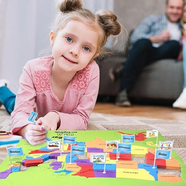 🌍USA & World Map Puzzle with Flags & Capitals 🧩– Educational Geography Jigsaw Toy for Kids Ages 5–12 (STEM Learning Set)
