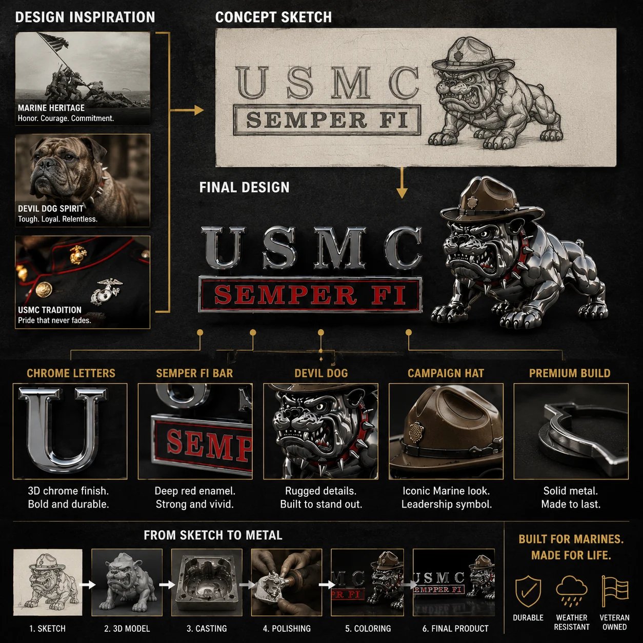 U.S. Marine Corps Semper Fi Devil Dog Car Emblem Metal Badge