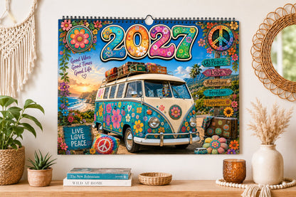 🌼 2027 Hippie Boho Wall Calendar – Retro Road Trip Calendar