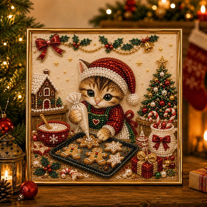 🎄🐾Premium 3D Pearl Christmas Kitty Art Kit | Luxury Flocked Canvas with Scratch-Resistant Non-Fading Pearl Beads DIY Holiday Decor 🎅🐱❄️
