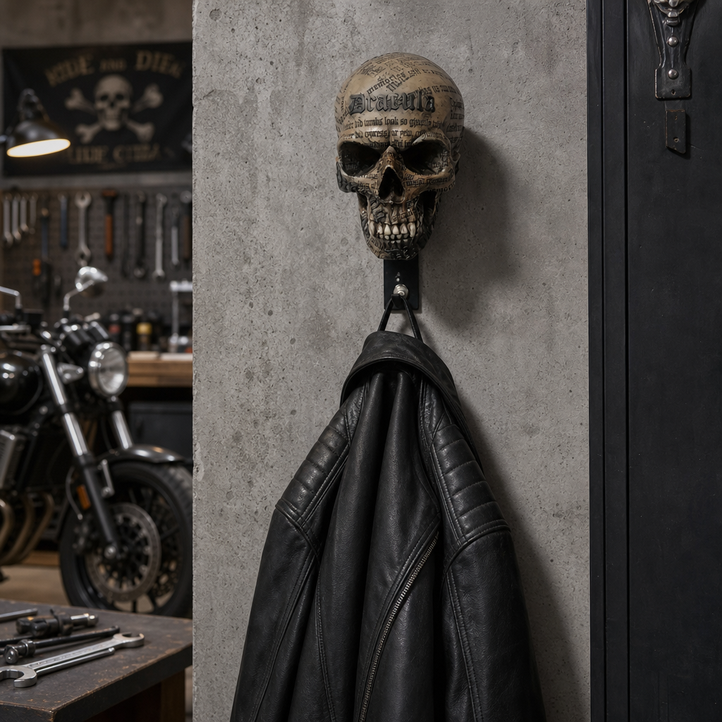 TYIIPLUS™ Skull Motorcycle Helmet Holder – Punk Skull Wall Mount Rack for Helmets, Jackets & Garage Decor