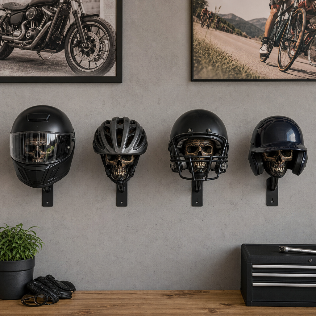TYIIPLUS™ Skull Motorcycle Helmet Holder – Punk Skull Wall Mount Rack for Helmets, Jackets & Garage Decor